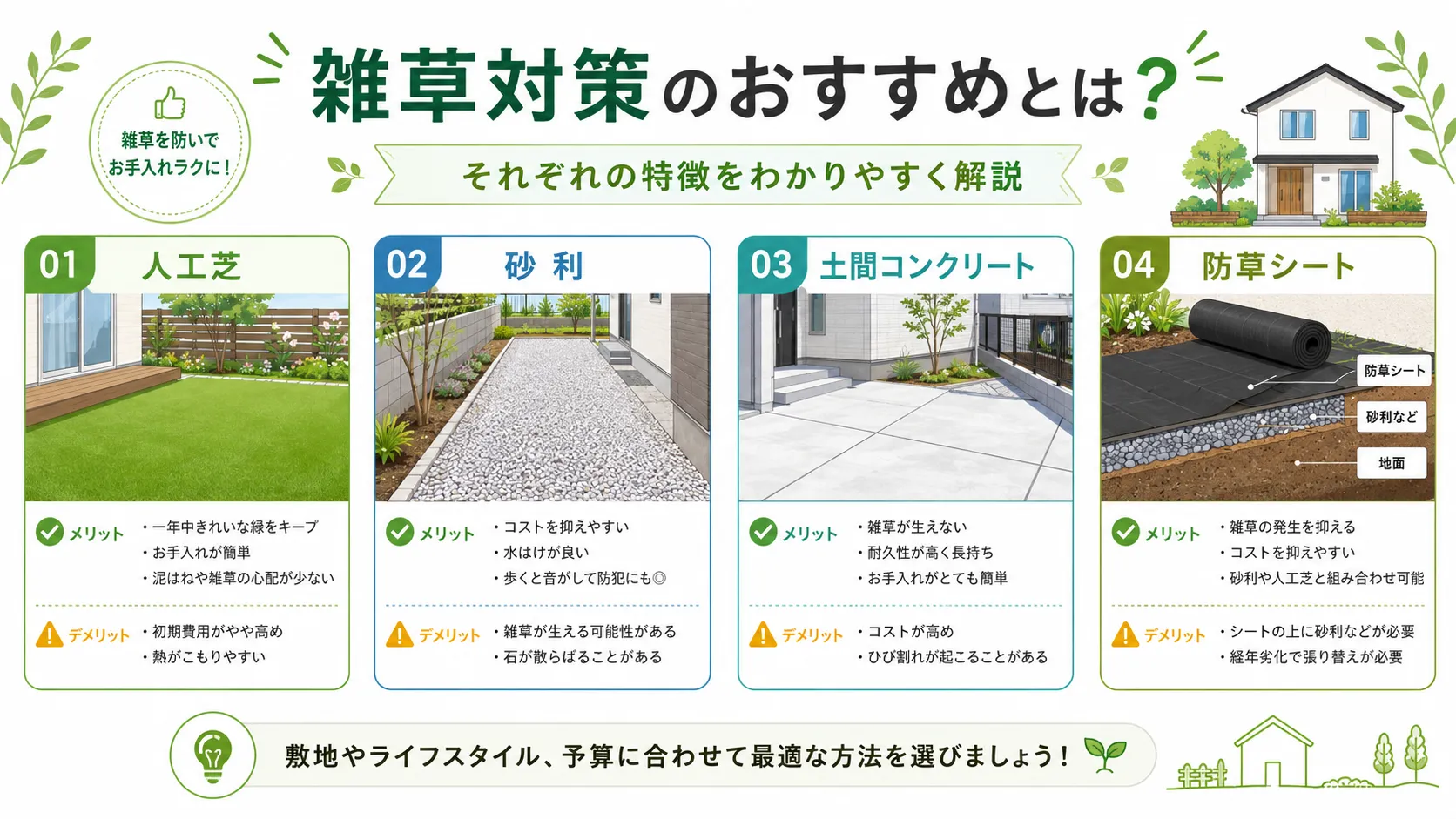 雑草対策におすすめの施工は？<br>メリット・デメリットを解説します。